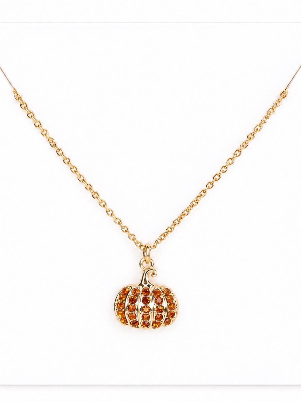 New Orange Allover Rhinestone Pumpkin Patch Fall Thanksgiving 3/4" Gold Necklace
